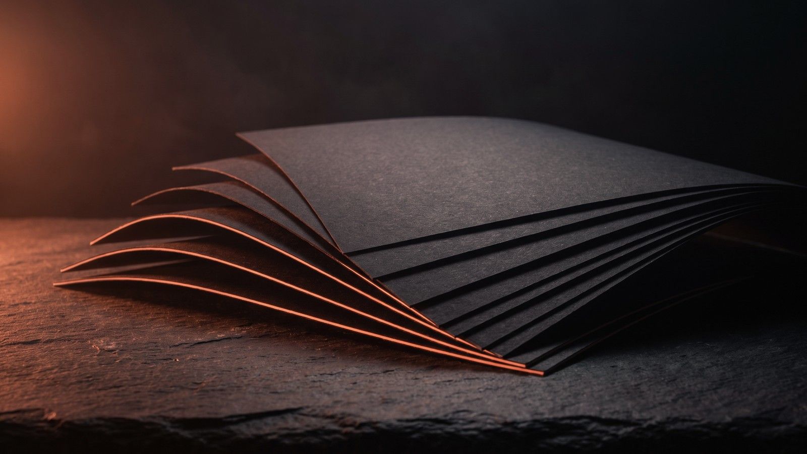 Seven sheets of black paper fanned out on a stone desk, their edges lit orange